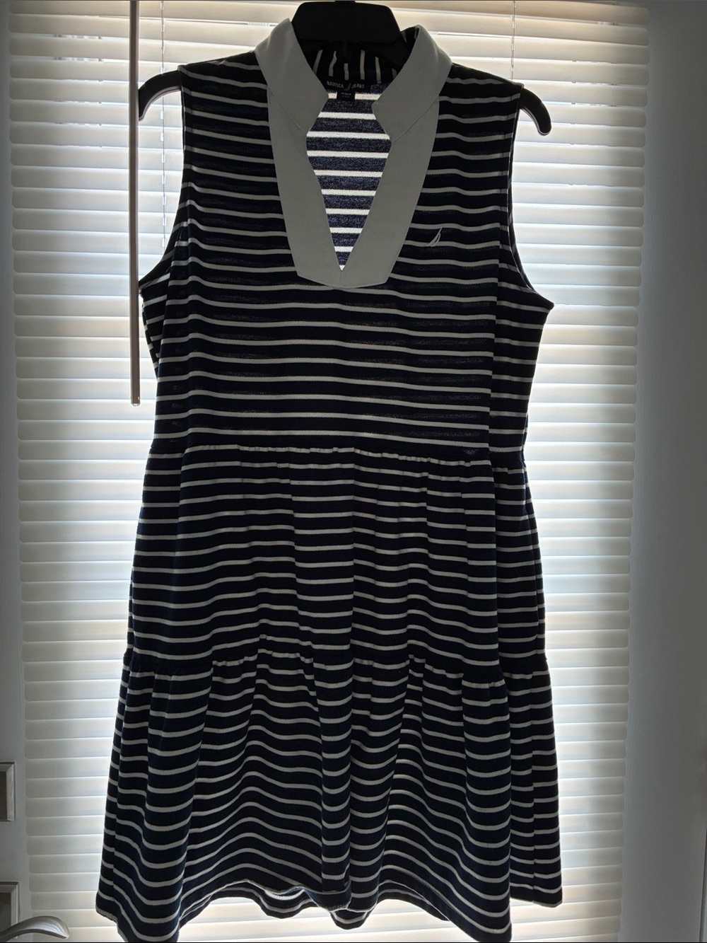 Striped Sleeveless V-Neck Women's Dress Navy and White. Size M.